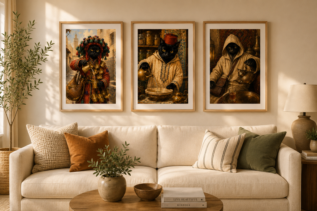 Three framed printable wall art panels featuring a black cat in traditional Moroccan attire inside a modern, warm living room.