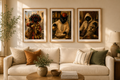 Three framed printable wall art panels featuring a black cat in traditional Moroccan attire inside a modern, warm living room.
