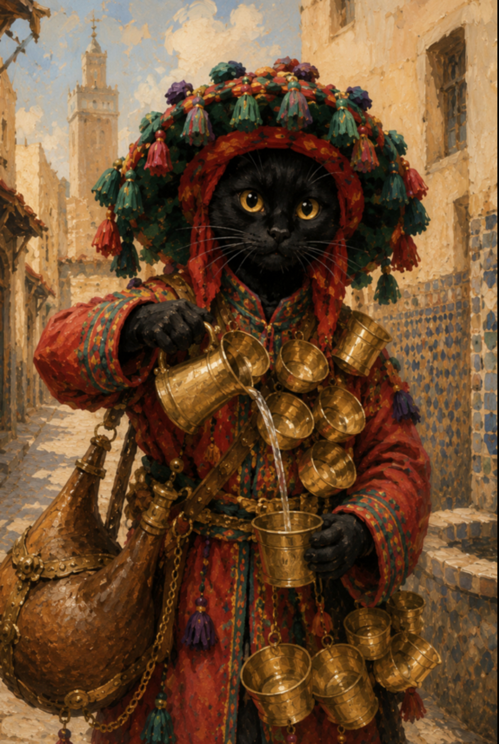 Three framed printable wall art panels featuring a black cat in traditional Moroccan attire inside a modern, warm living room.