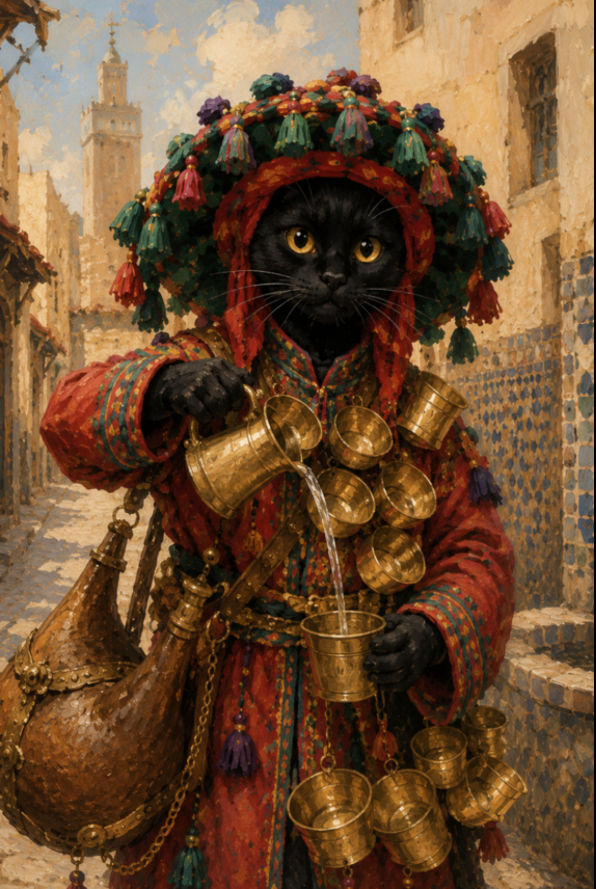 Three framed printable wall art panels featuring a black cat in traditional Moroccan attire inside a modern, warm living room.