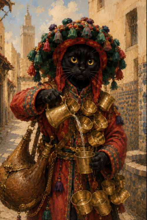 Three framed printable wall art panels featuring a black cat in traditional Moroccan attire inside a modern, warm living room.