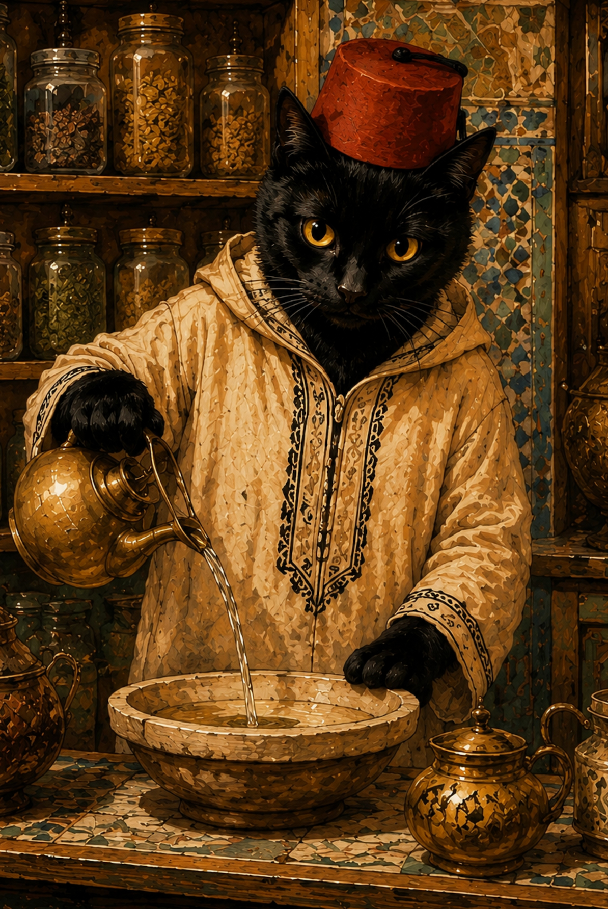 Three framed printable wall art panels featuring a black cat in traditional Moroccan attire inside a modern, warm living room.